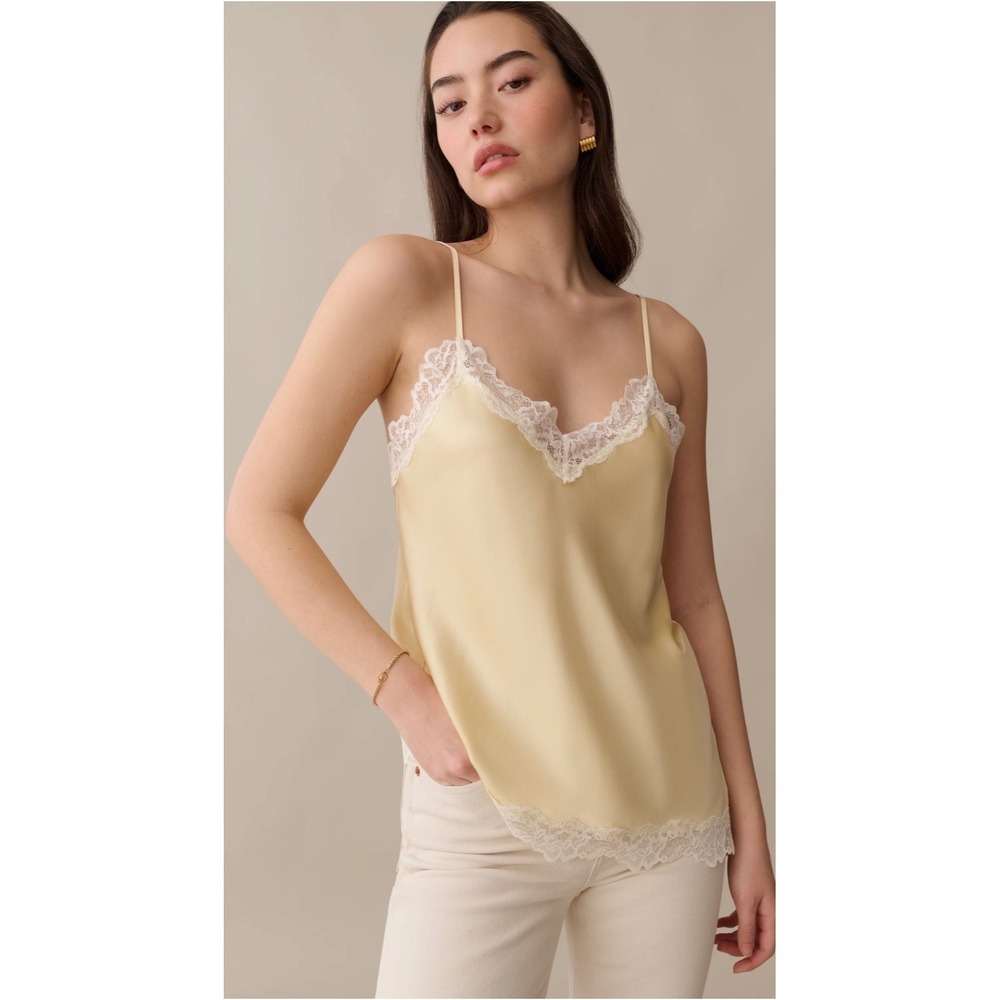 Few Moda Kourt Women Butter Yellow Satin Lace Trim Asymmetrical Camisole Top NWT